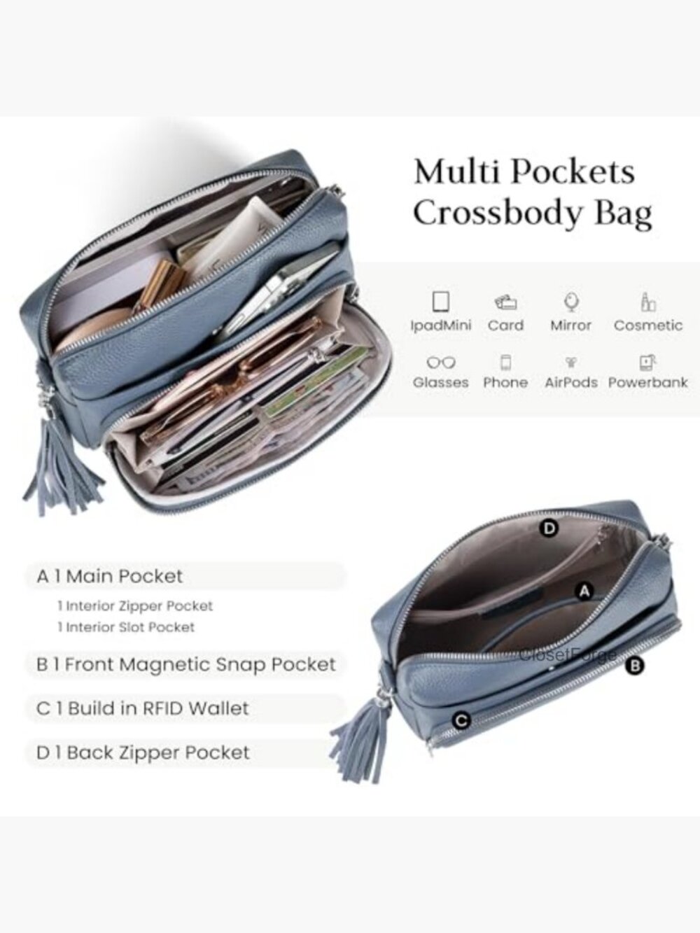 Genuine Leather Crossbody Bag with RFID Wallet, 9.1" - Picture 4 of 7